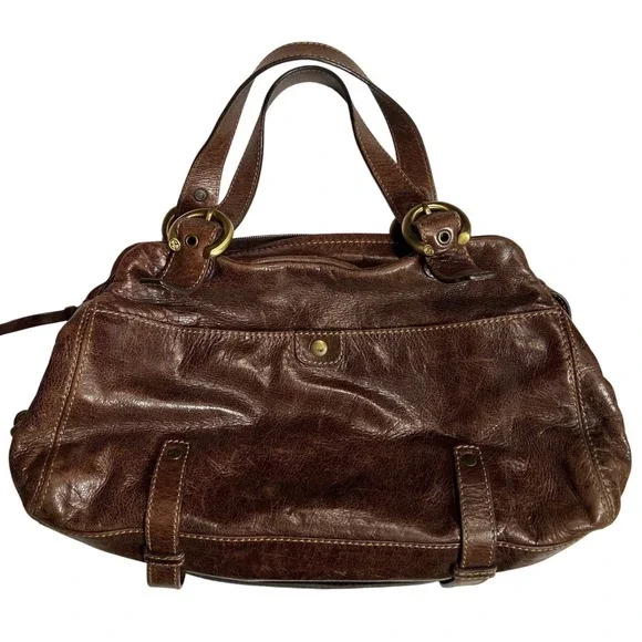 Francesco Biasia Leather Handbag Weathered Chocolate Brown Brass Hardware